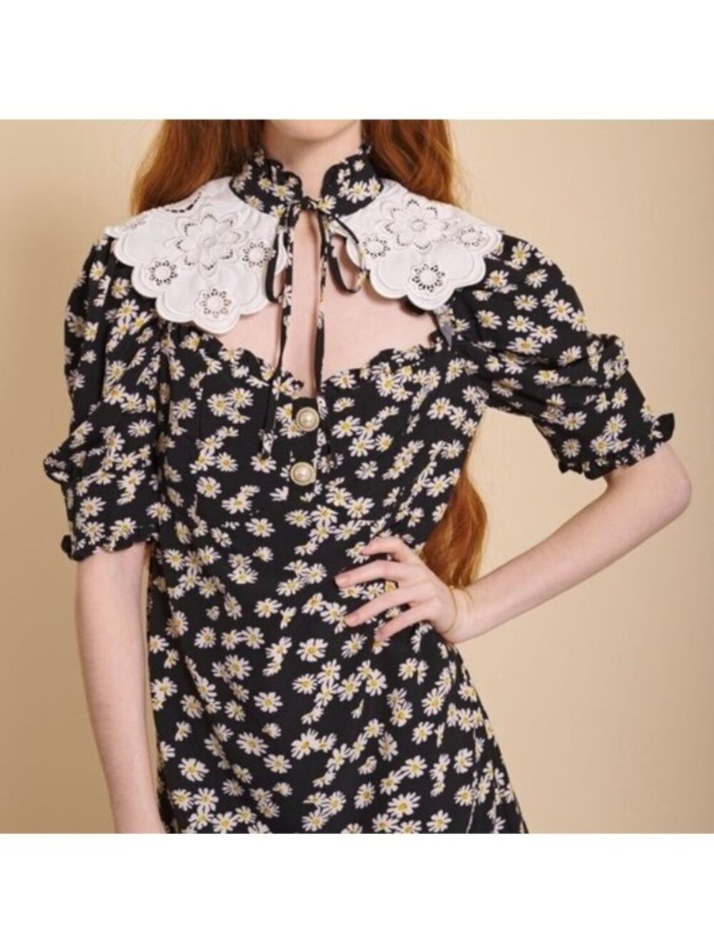 Sister Jane Daisy Hive Mini Dress S Black White Floral Print Collared Twee
